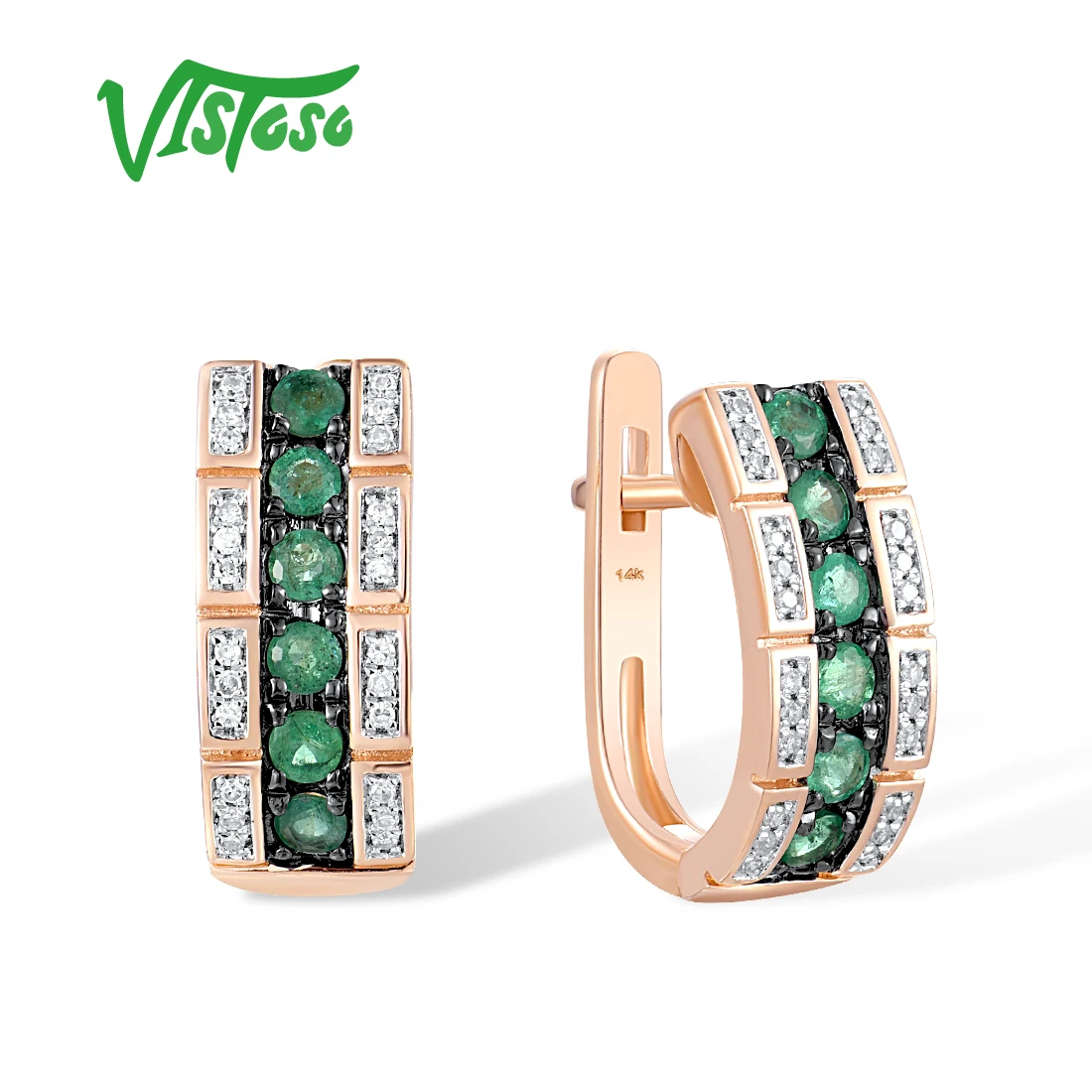 VISTOSO 14K 585 Rose White Gold Earrings For Women Sparkling Genuine Diamonds Emerald Sapphire Simple Hoop Linear Fine Jewelry