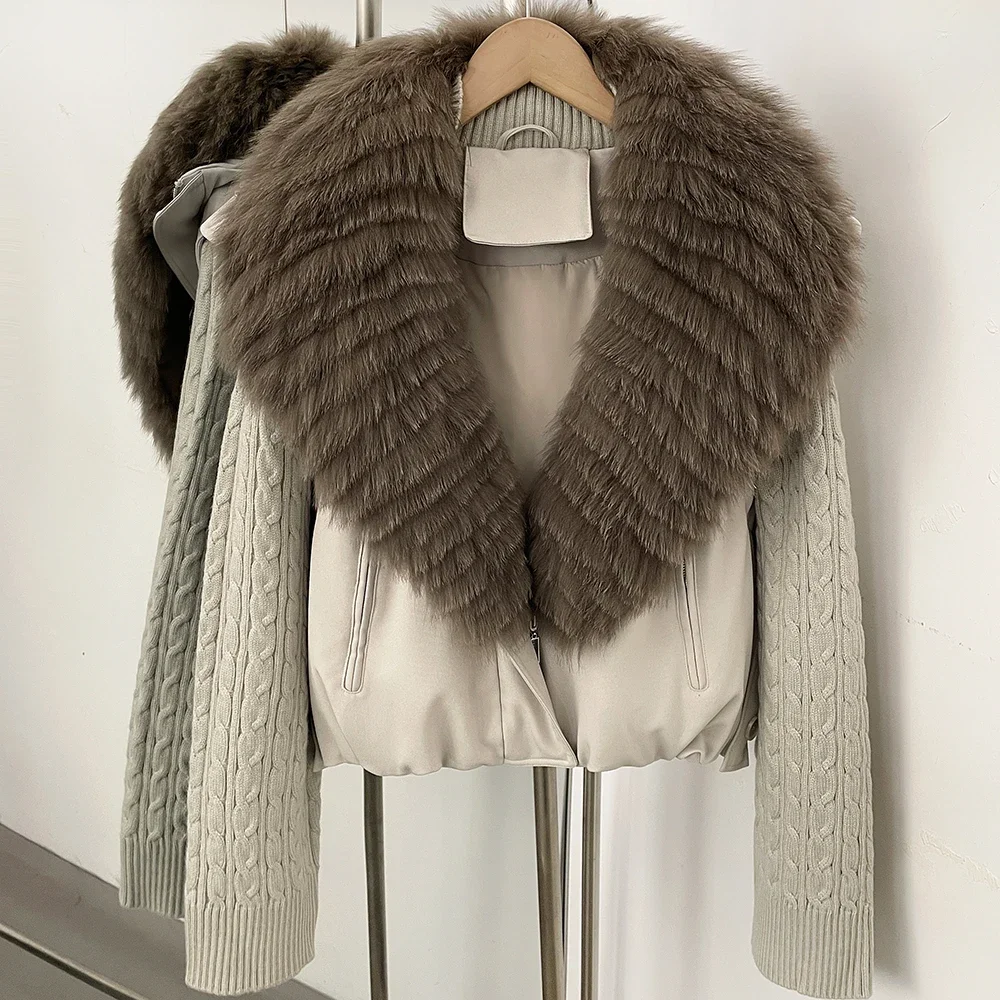 OFTBUY 90 White Duck Down Jacket Cable Knit Sleeve Zipper Drawstring Hem Cropped Coat Women Winter Real Layered Fox Fur Collar