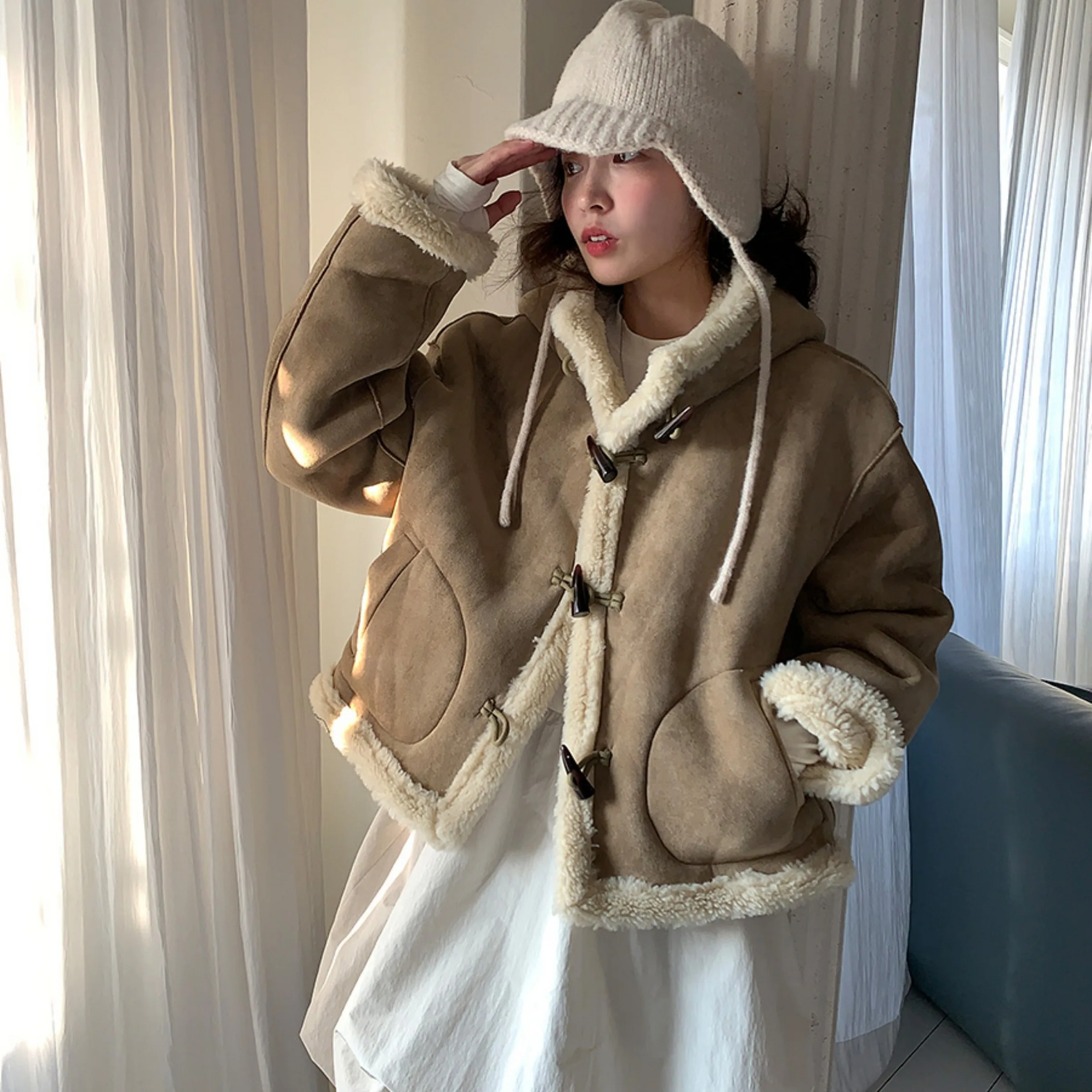 Winter Vintage Hooded Coat Women's Long Sleeve Fur Leather Splicing Jacket Casual Straight Cut Style with Button Closure