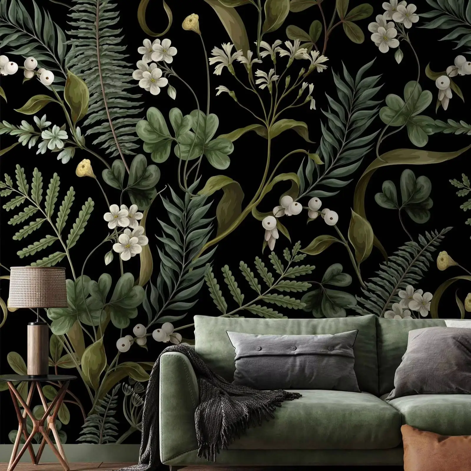 Fern Botanical Wallpaper,Dark Botanical Wall Mural For Home Decor,Vintage Wallpaper Peel and Stick, Self-adhesive Or Traditional