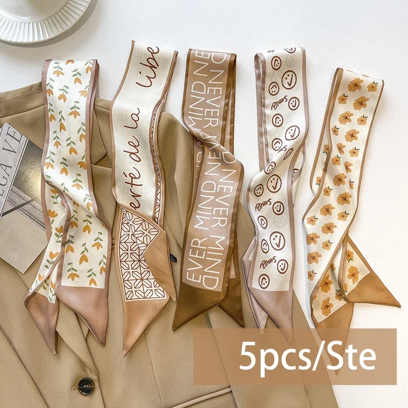 5 teile/satz Serie Seide Satin Schal Frauen Tuch Haar Bands Kopfschmuck Zubehör Dame Schals Band Krawatten für Tasche Griff – Detail 9