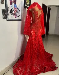 Shinny Red Prom Dresses With Veil Rhinestone Mermaid Crystals Sequin Black Girls Party Gowns 2026 robes de Gala Customized