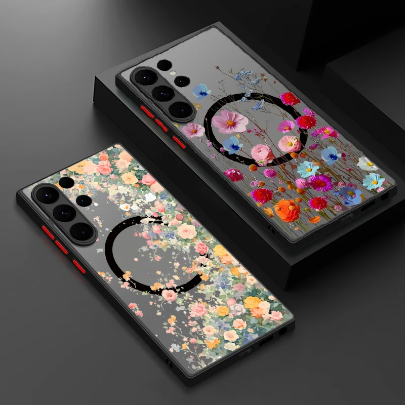 Magnetic Garden Flower Case For Samsung Galaxy S24 Ultra Capa S22 S23 Ultra S21 FE S25 Luxury Matte Clear Back Hard Cover Fundas