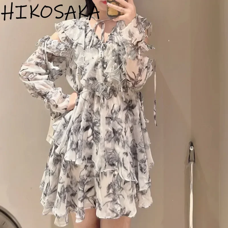 

Summer Chic Ruffles Vintage Print Dress V-neck Off Shoulder High Waist Slim Sweet Vestidos Feminino 2025 New Japanese Ropa Mujer