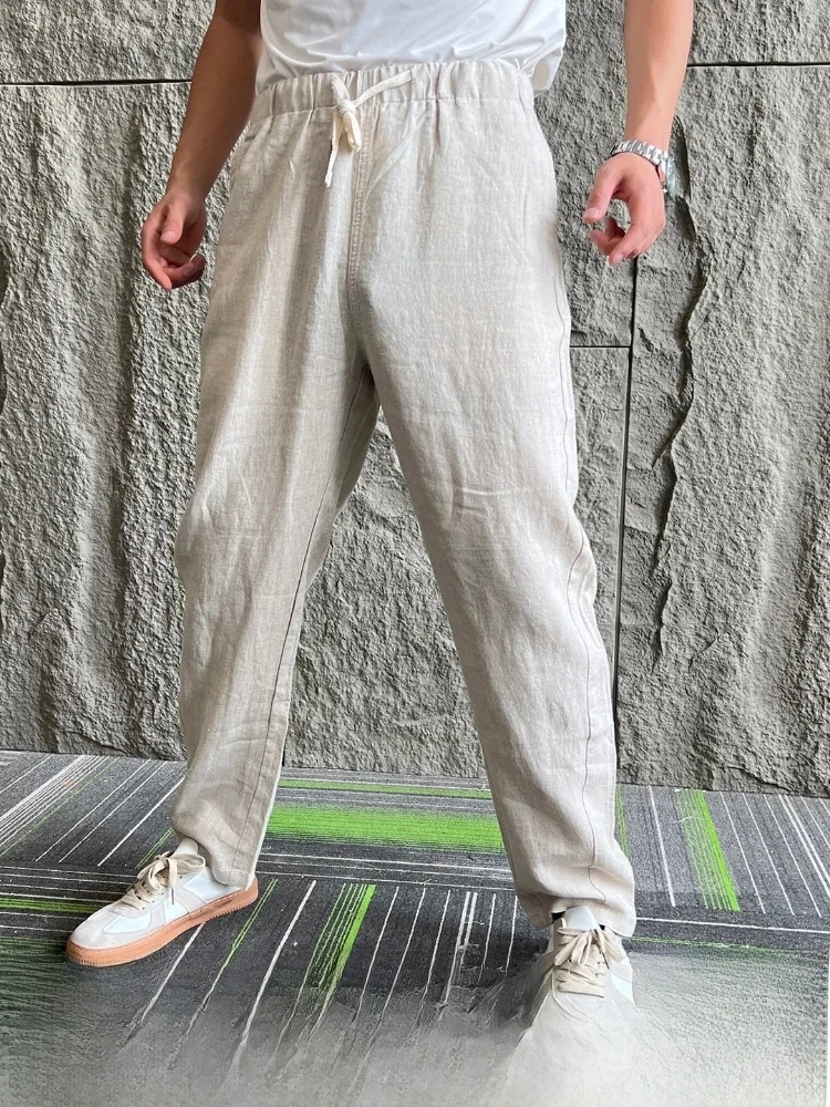 Natural Linen Men's Casual Pants Elastic Waist Straight Leg Cool Feeling Breathable Spring Summer Fashion Classic Style