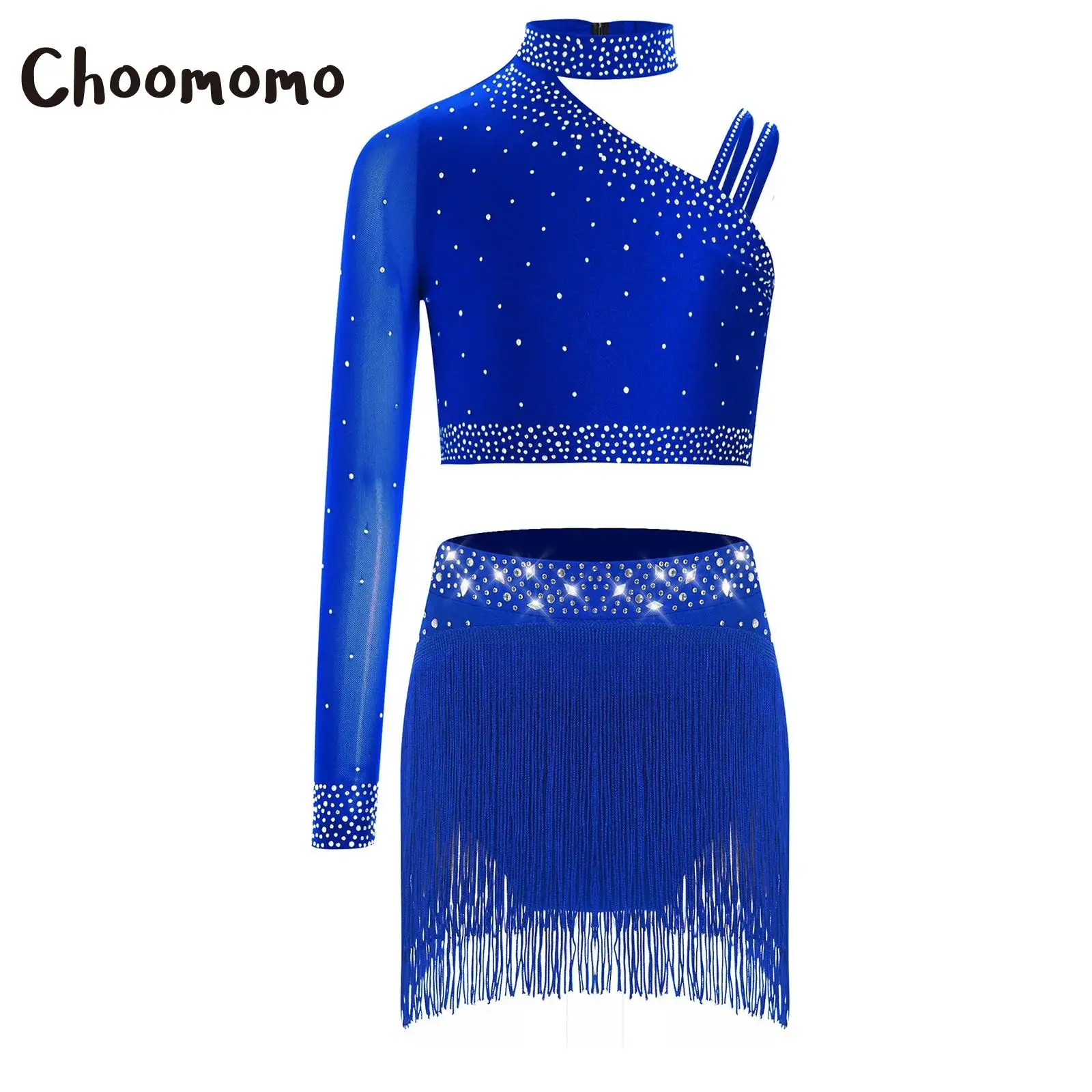 ملابس رقص غنائية للفتيات بكتف واحد مرصعة بأحجار الراين ملابس رقص قصيرة وتنورة سفلية للهامش زي باليه للتزلج المعاصر