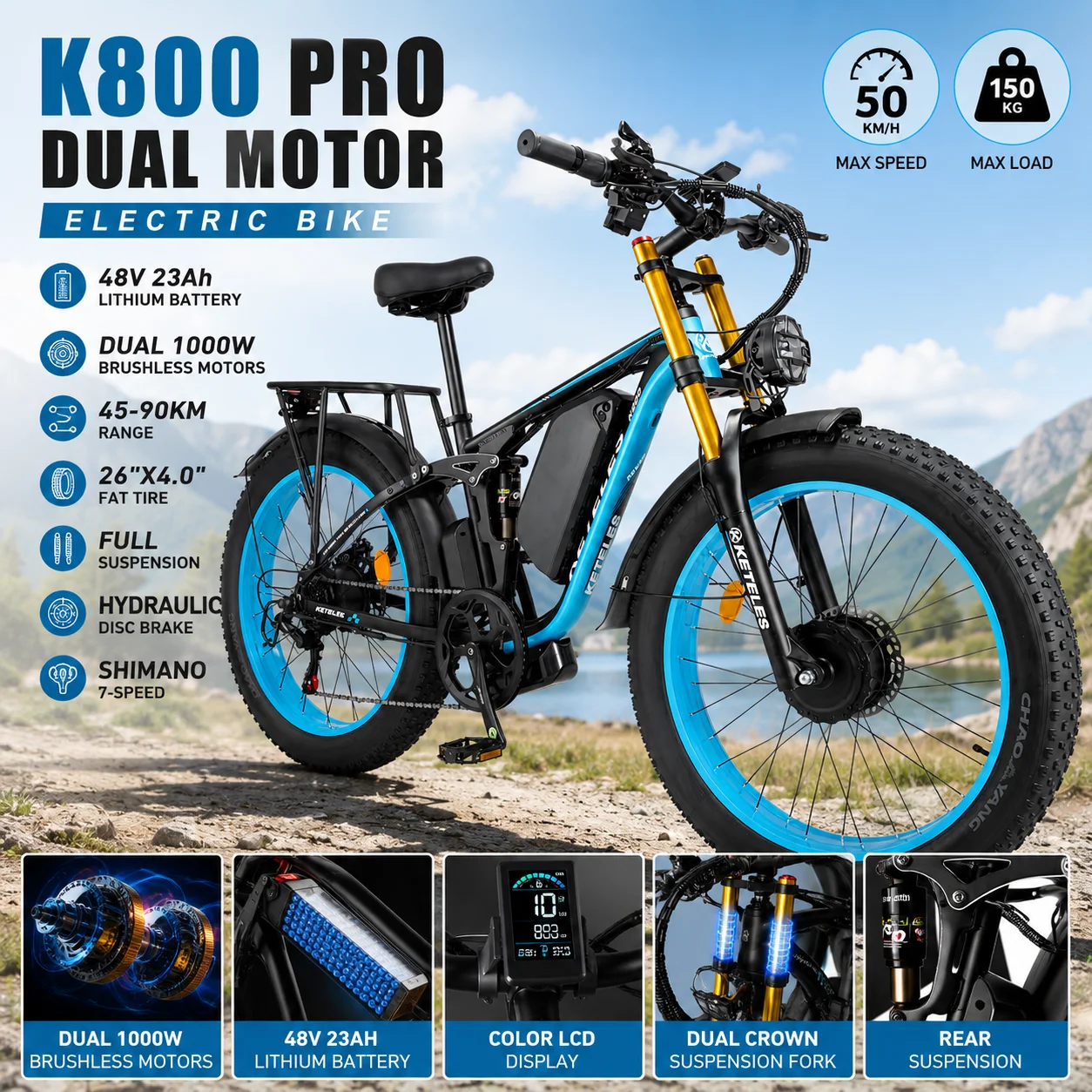 

26-inch 4.0 fat tires K800Pro Full Suspension Electric Bike Dual 1000W Hub Motors 48V 23Ah Battery 90KM Range Fat Tire E-Bike
