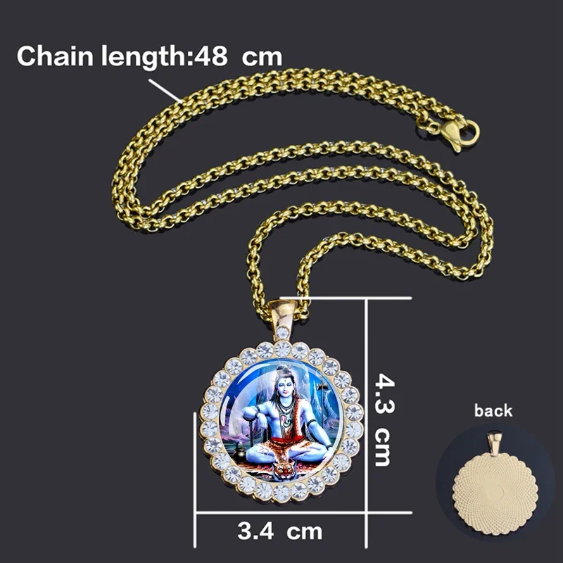 Hinduism Gold Color Necklace Vishnu and Shiva Glass Rhinestones Amulet Pendant Indian Jewelry