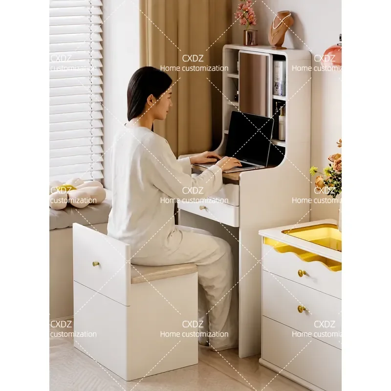 Cream wind bedroom narrow desk storage stool integrated with mirror household wall bedside makeup table 2026 new