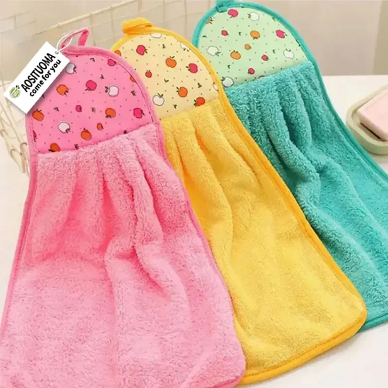1 Kitchen Coral Fleece Hand Towel Hanging Type Super Absorbent Bathroom Enlarged Thick Hand Towel Cloth for Washing Dishes
