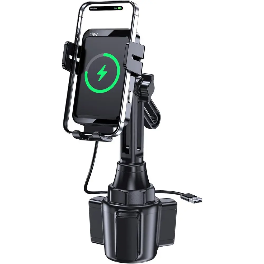 

Держатель для телефона в автомобиль на подстаканник 15W/10W/7.5W, автоматическое крепление с быстрой зарядкой, совместим с iPhone 16/15/14/13/12 Pro/11/XS/X/8