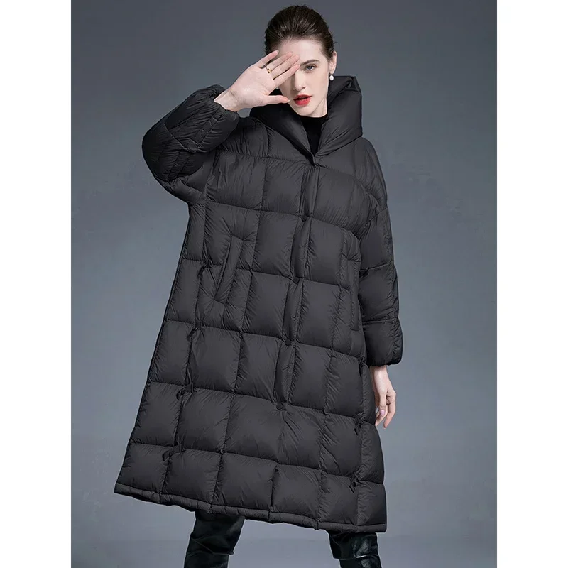 Thickened Hooded Puffer Jacket Women 2025 Winter Mid-Length Down Coats Over-Knee Loose Slim Adjustable A-Line White Duck Parkas