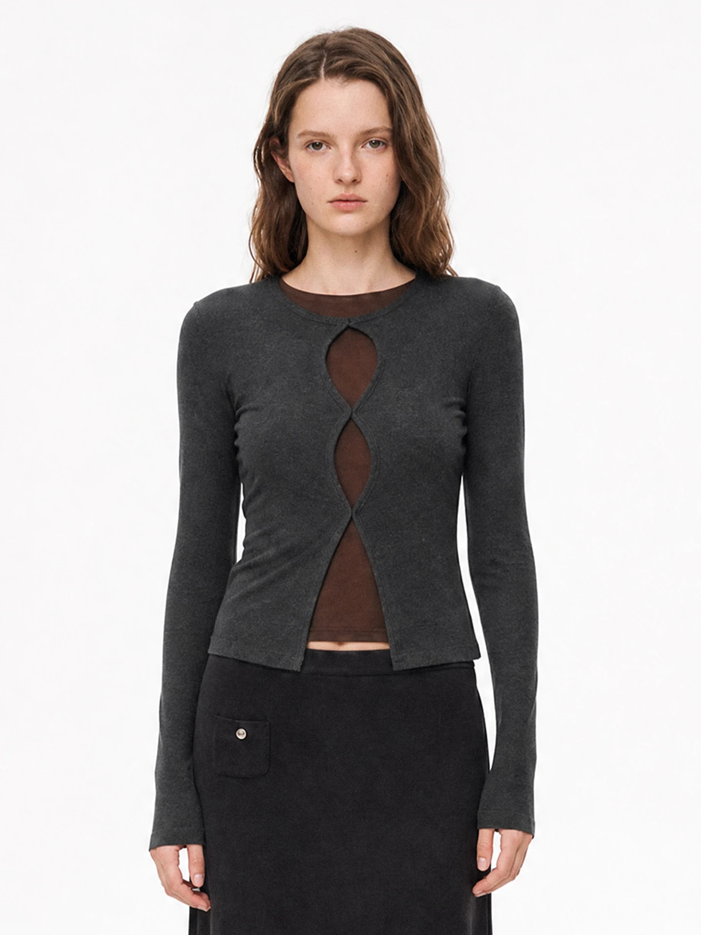 TDDP High Intelligence Sensation Hollow out Knitted Long Sleeve Women's T-Shirt Color Block Casual Style Breathable Cotton Blend