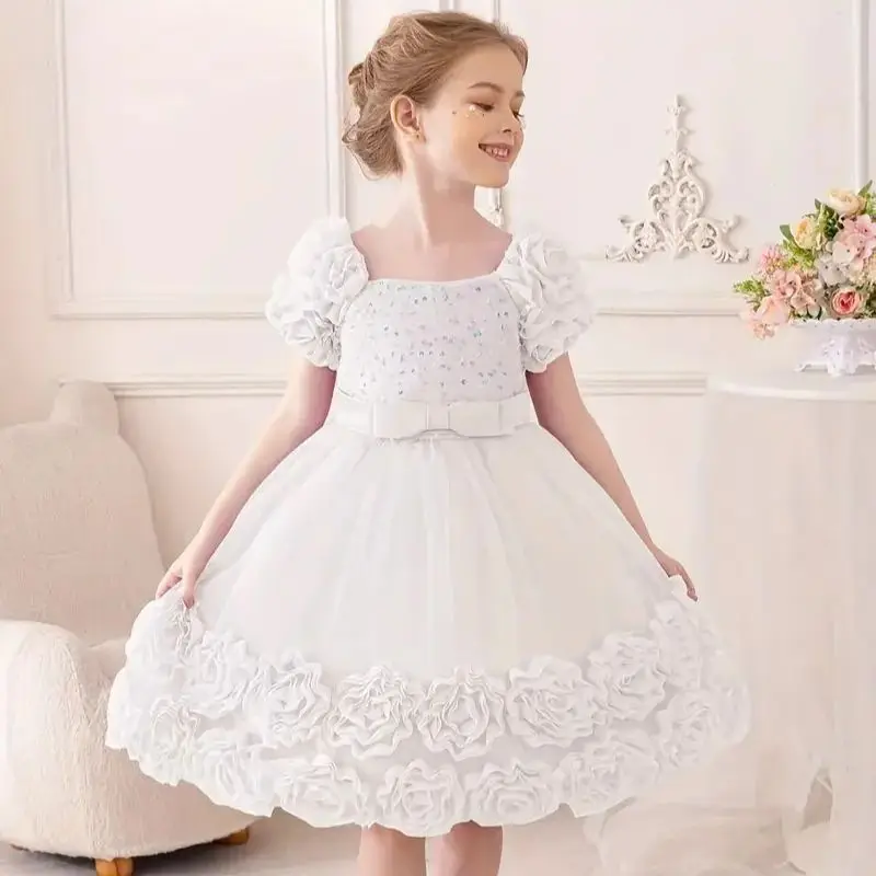 Kinder Mädchen Kleidung Puffärmel Blume Prinzessin Spitzenkleid für Kinder formelle Hochzeit Geburtstag Bankett Abendkleid 2 bis 6 Jahre