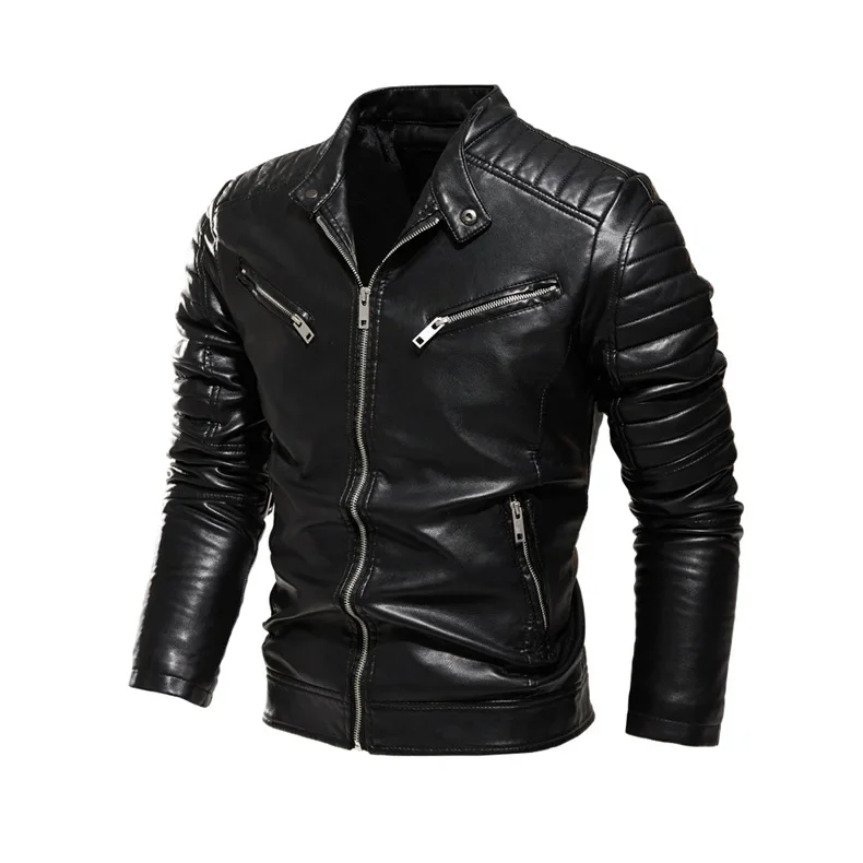 

2023 Winter Black Leather Jacket Men Fur Lined Warm Motorcycle Jacket Slim Street Fashion BLack Biker Coat Pleated Design Zipper