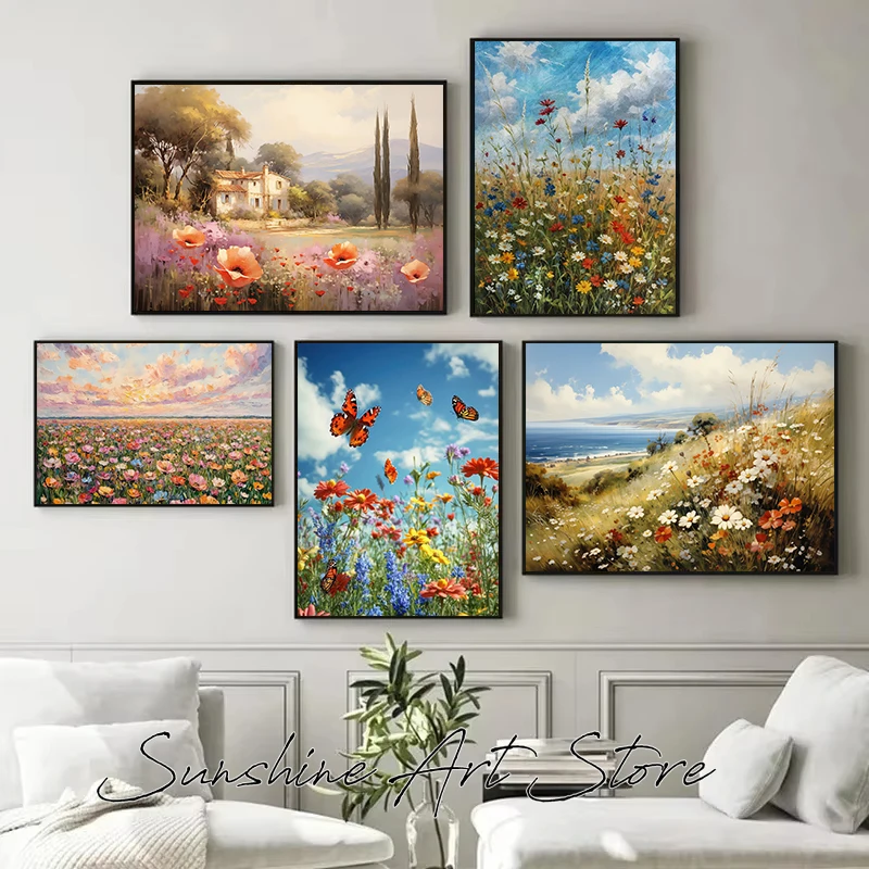 Meadow Wildflowers Vintage Oil Painting Colorful Wildflowers Botanic Ground Art Poster Canvas Painting Wall Pictures Home Decor