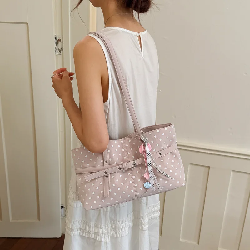 2026 Summer Polka Dot Tote Bag for Schoolgirls Fashion Light Large Capacity Shoulder Handbag Fashion Commute Top Handle Purse