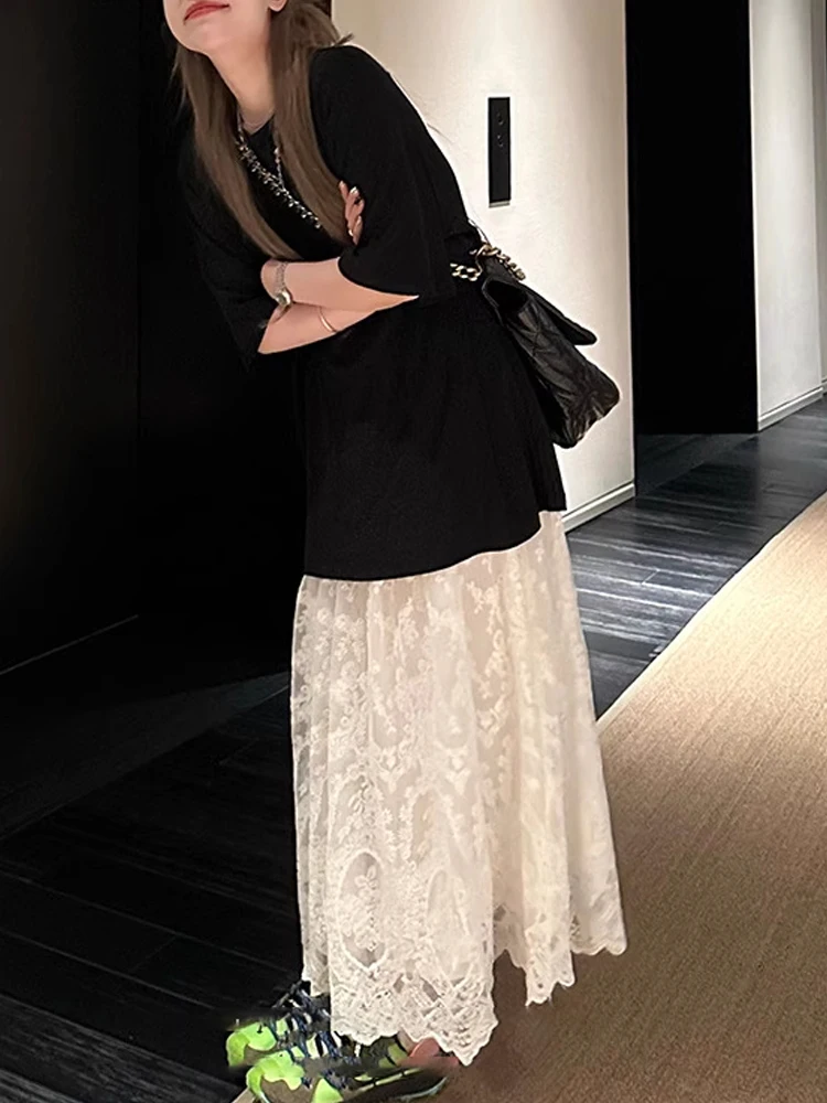 

Белая кружевная юбка-миди трапециевидной формы, женская летняя утягивающая эластичная талия, корейская юбка с высокой талией, однотонная юбка