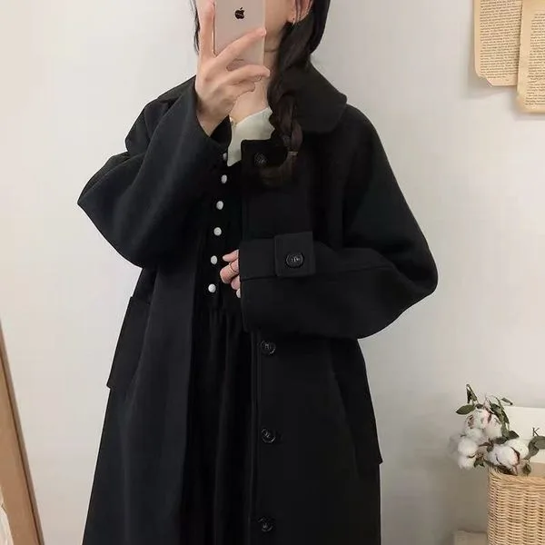 Manteau en laine épaissie de style Hepburn pour femme, petit manteau noir coréen, automne et hiver 2023