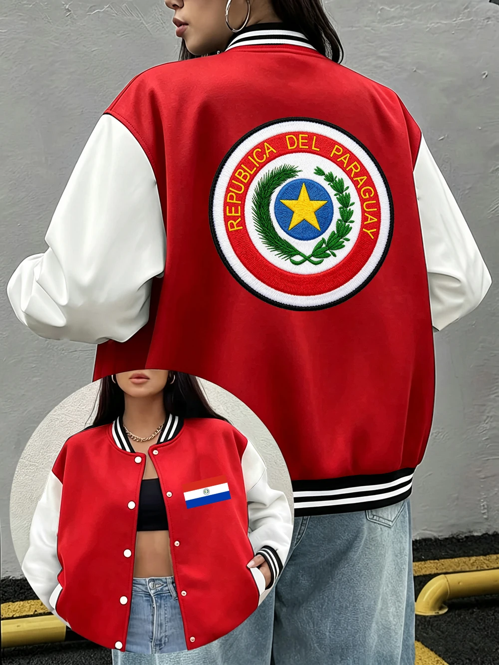 Paraguay Embroidery Prints Jackets Women Casual Pocket Cotton Baseball Coat Street Loose Tops Winter Fleece Warm Womans Clothes