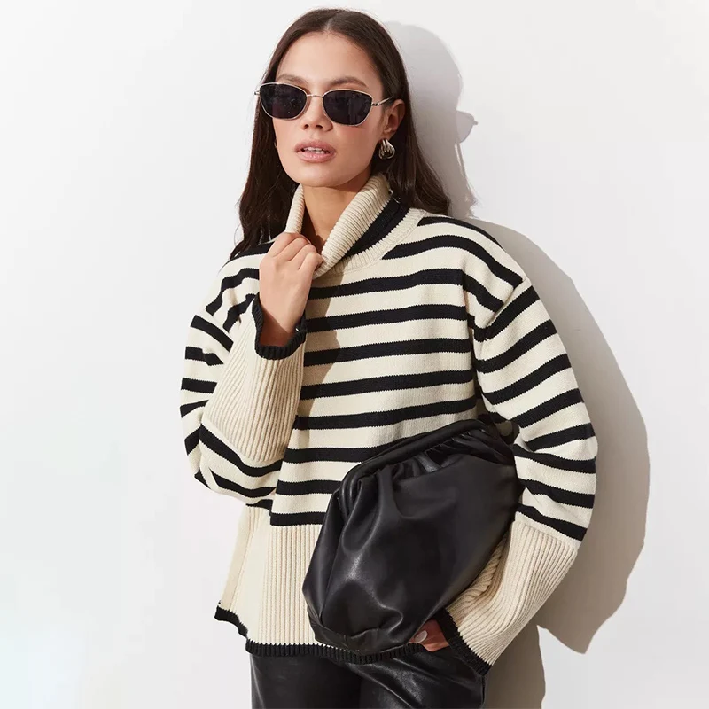 

American Street Stripe Sweater Women Stylish Split Turtleneck Knitted Sweater Pullover Autumn Trendy Warm Knitwear Clothes Woman