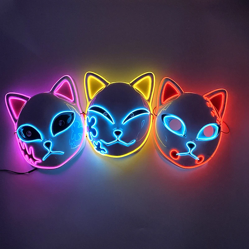 Grappig kleurrijk lichtgevend gezichtsmasker oplichtende kat vos masker demon slayer masker anime cosplay kostuum voor volwassen kinderen