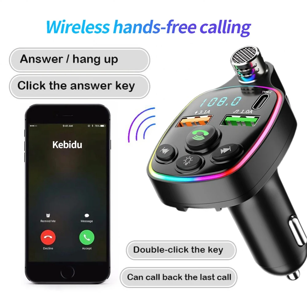 Car Bluetooth 5.0 Charger Q11 FM Transmitter Dual USB 3.1A PD 20W Colorful Ambient Light Cigarette Lighter MP3 Music Player