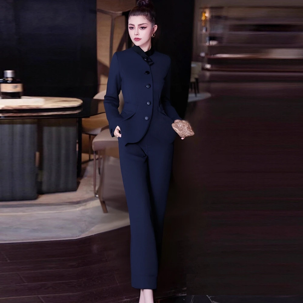 

ZJYT Runway Spring Elegant Women Lace Up Blazer Suit Pant Sets 2 Piece Matching Set Office Lady Work Outfit Blue Trousers Suit