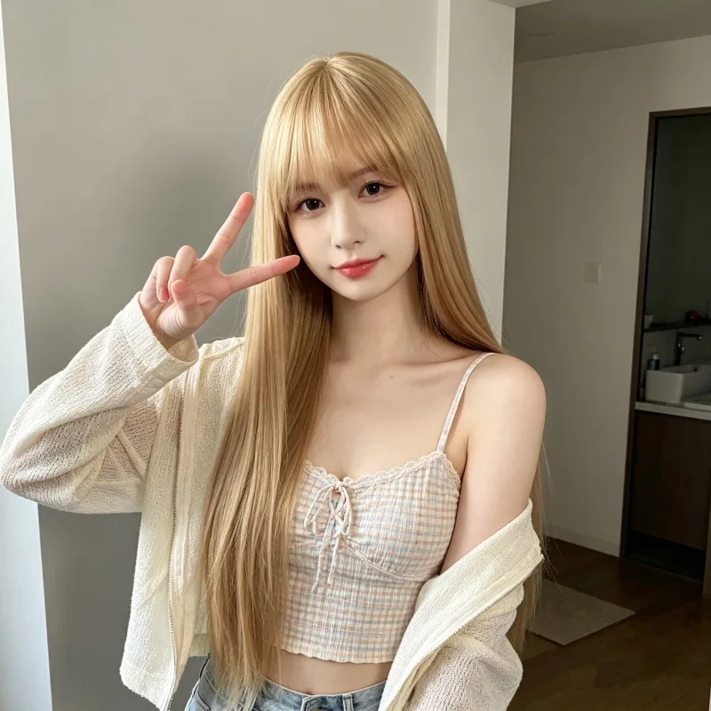 Women's Fashion Wig with Air Bangs, Long Straight Hair, Cosplay Style Full Headpiece