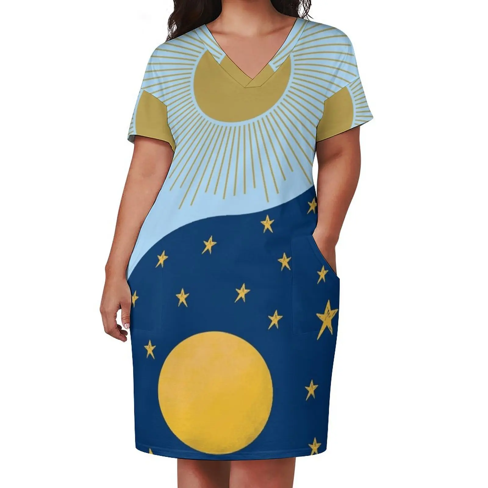 Equinox Sun Moon Yin and Yang Symbol Loose Pocket Dress cute dress luxury dress Woman clothing long sleeve dresses