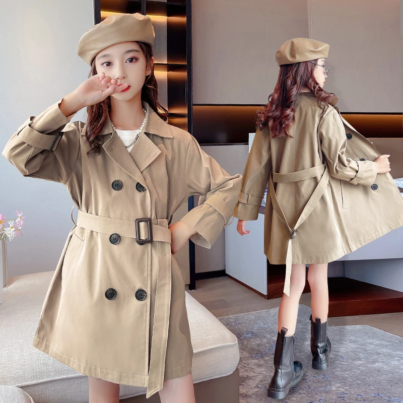 Spring Autumn Luxury Children Trench Coat for Girl Khaki Color Double Breasted Jacket With Belt Kids Fashion Overcoat Clothing