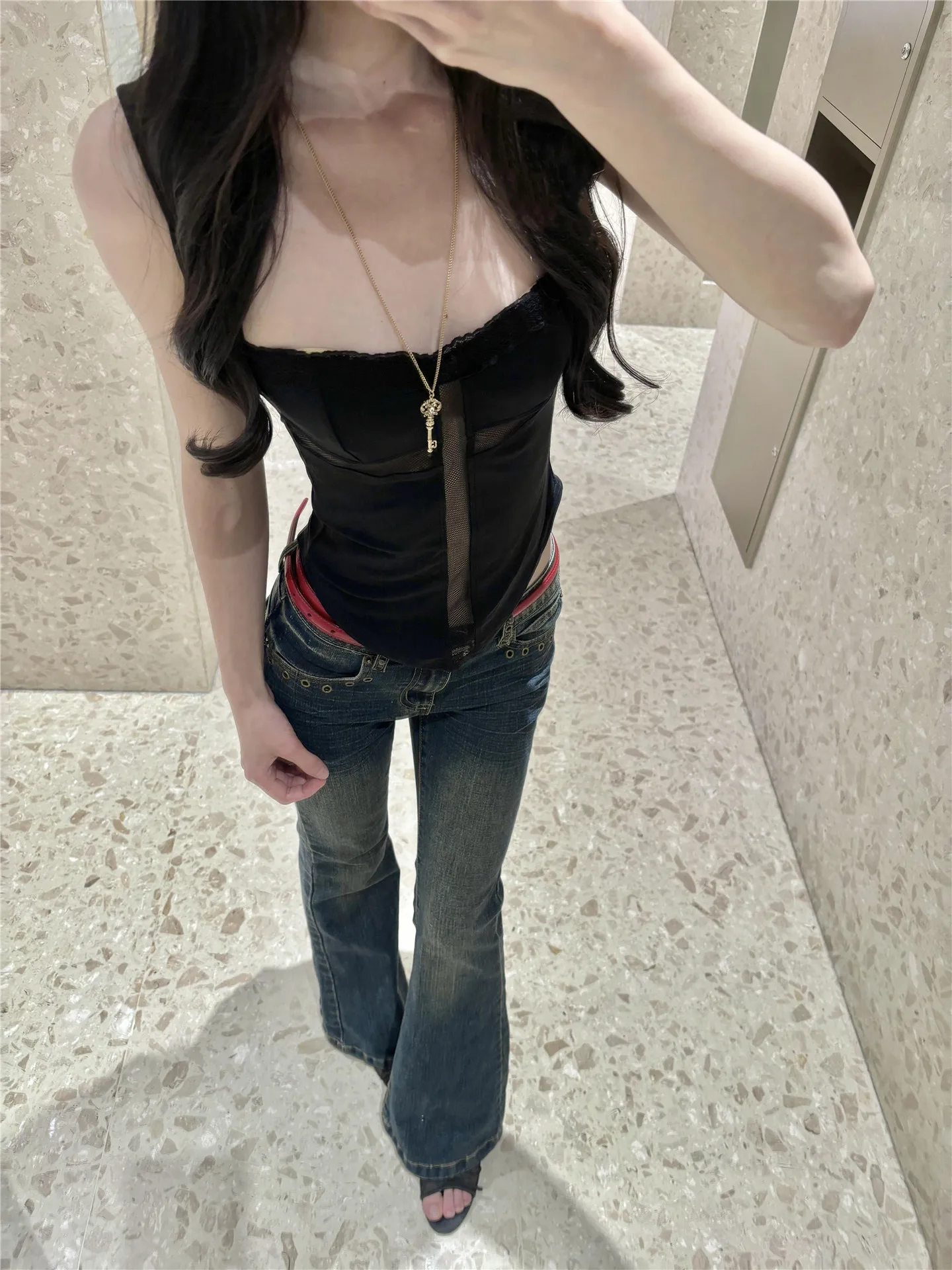 

American Style Vintage Millennium Hot Girl Slim Fit Low Waist Bell Bottom Jeans Women Summer Design Sense Slimming Pants
