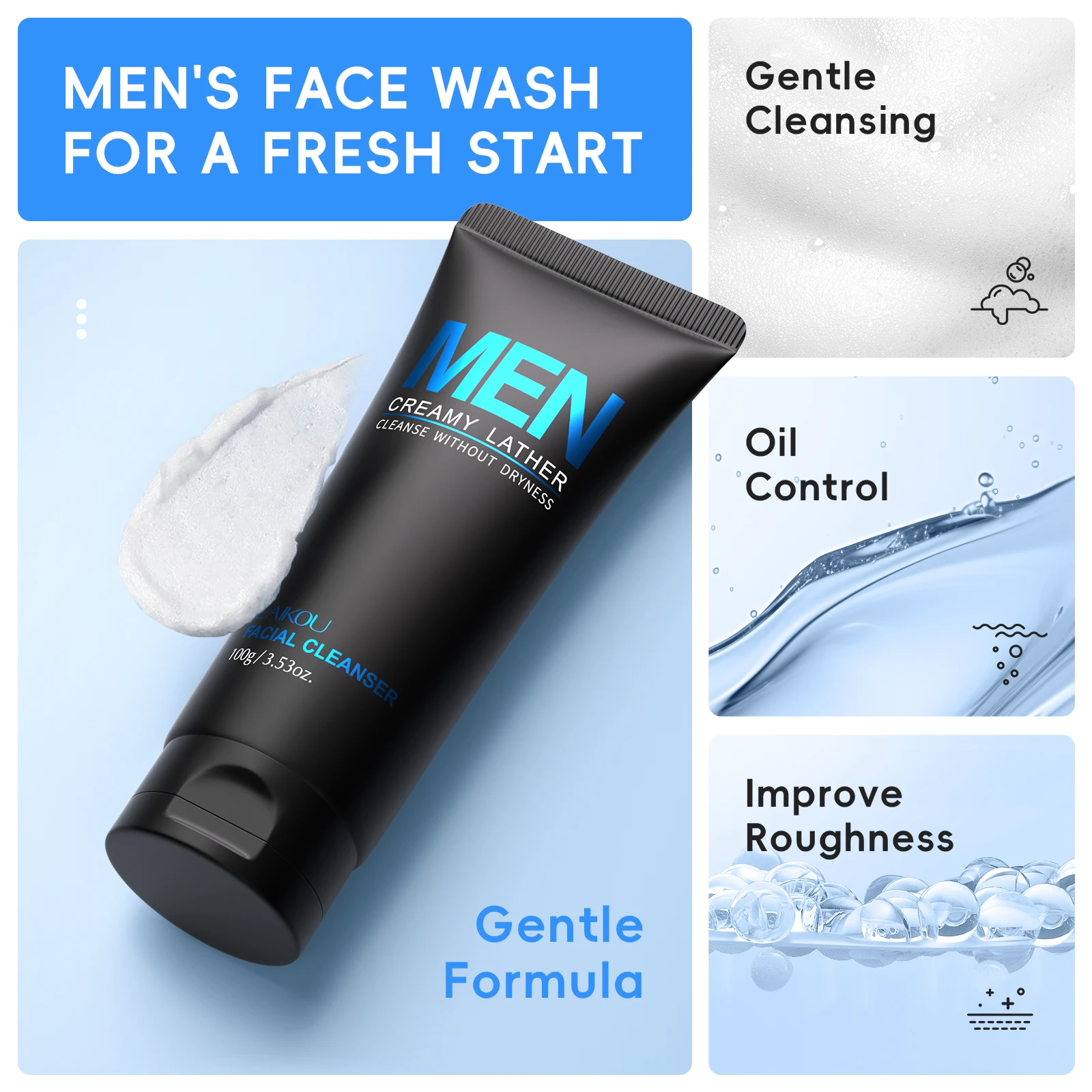 LAIKOU Herren-Gesichtsreiniger, 100 g, Tiefenreinigung, Ölkontrolle, feuchtigkeitsspendend, für klare Haut