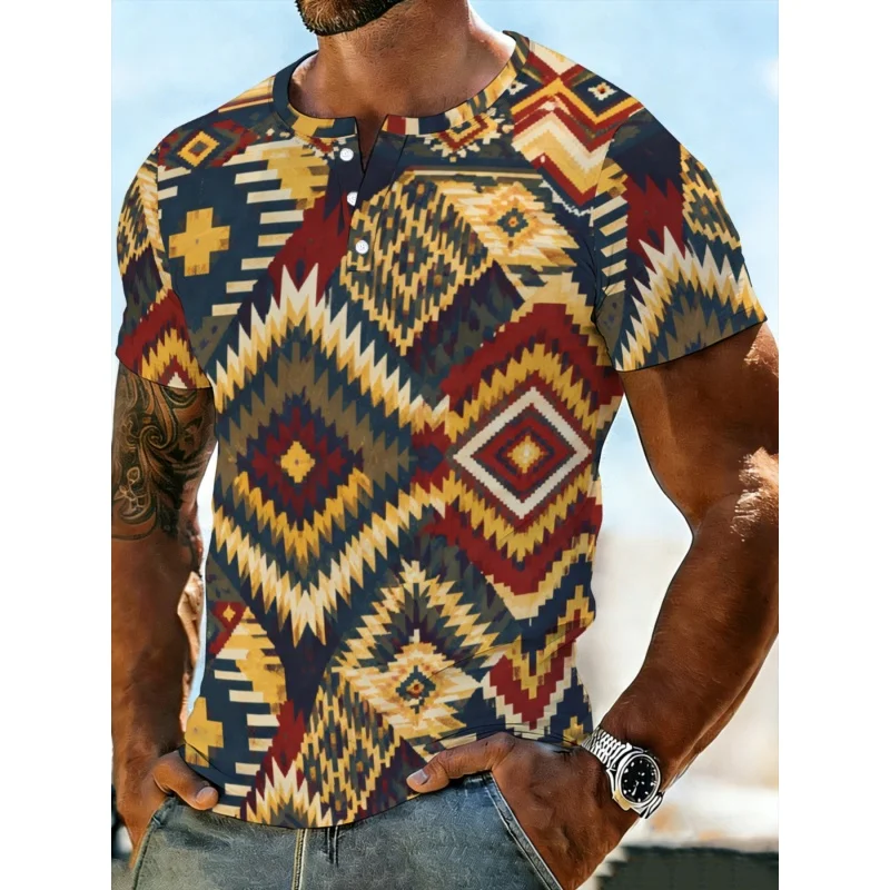 

Retro Map Pattern Grandpa Shirt For Men Ethnic 3D Printed T-Shirts Summer Street Tops Short Sleeve Tees Stand Collar Polo Shirts