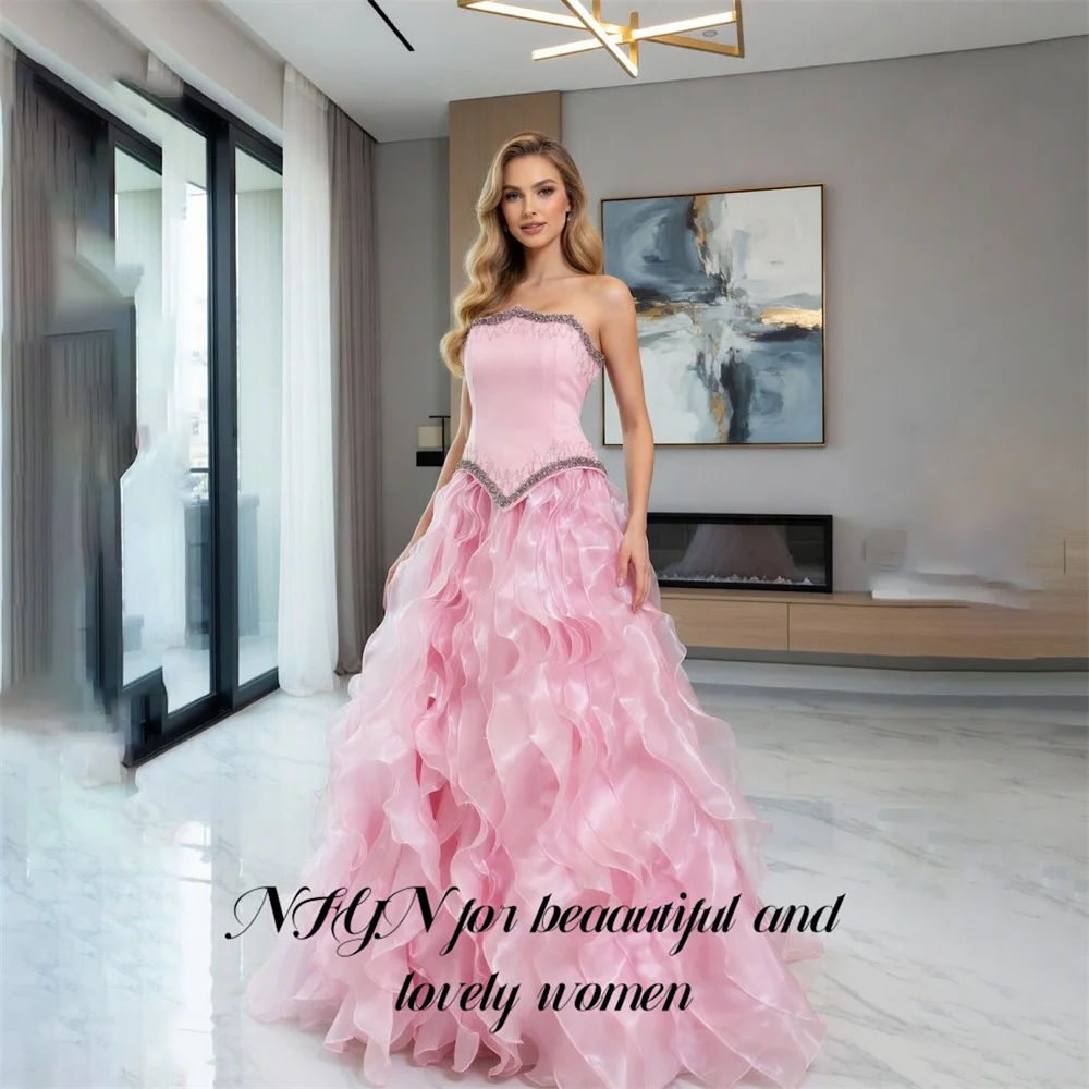 

NFYN Pink Party Dress Strapless Sleeveless Beading On Chest Evening Dress A Line فساتين السهرة Wave Hem Gala Dress Customized