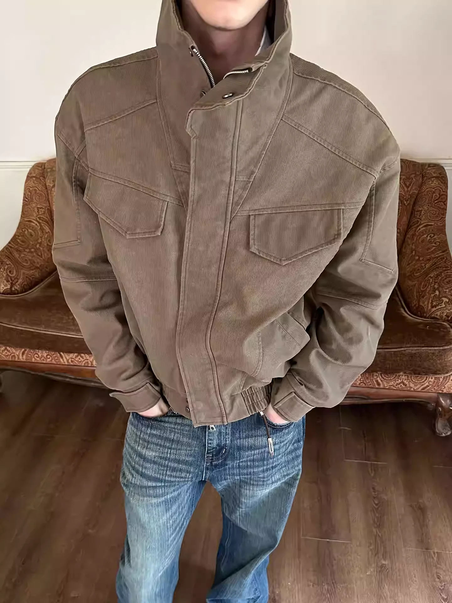 

MoneMade винтажная рабочая одежда с воротником-стойкой, кожаный тюнер для мужчин и женщин, широкая осенняя верхняя одежда Boxy Sle, хлопок 00%