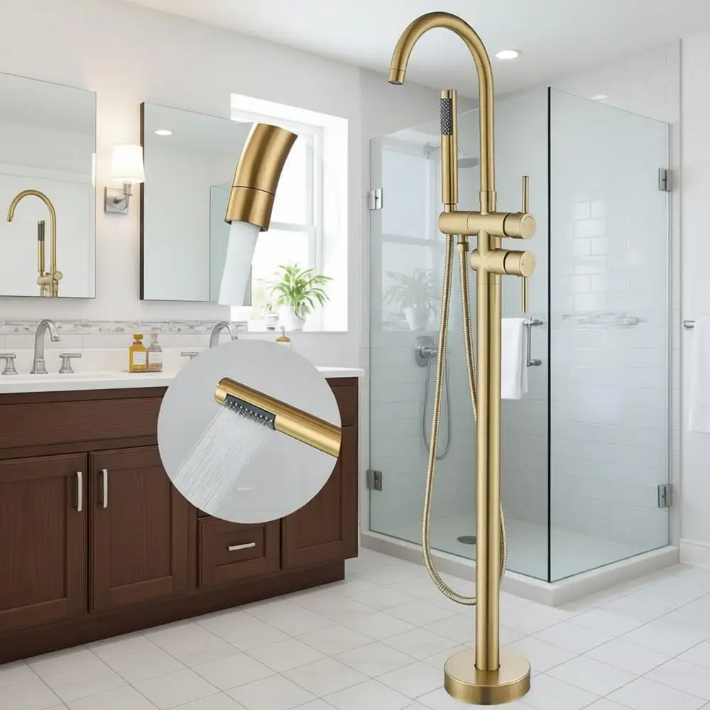 Grifo de bañera independiente de suelo, dorado cepillado, con grifos de ducha de alta y baja presión y grifos mezcladores de ducha de mano giratorios S