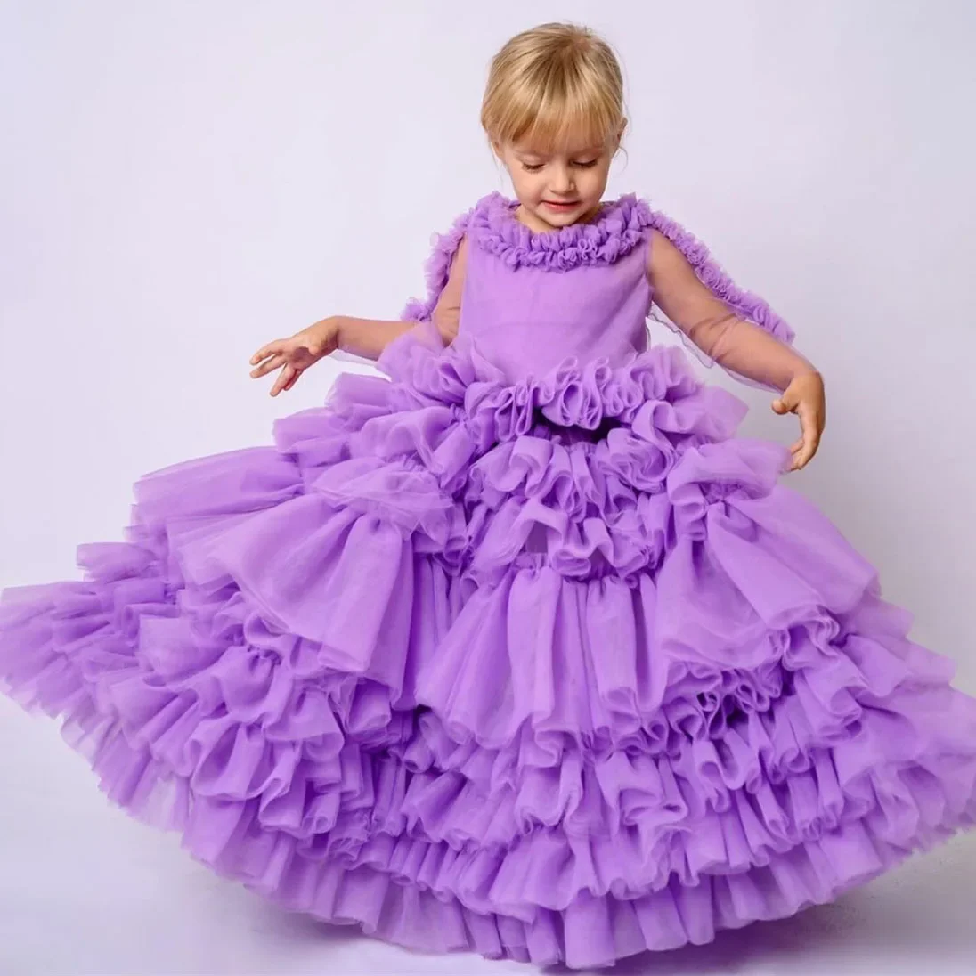 

Princess Full Ball Flower Girl Dress Pleat Full Sleeve Floor Length Sweep Train Elegant Classic Style Communion Girl Gown