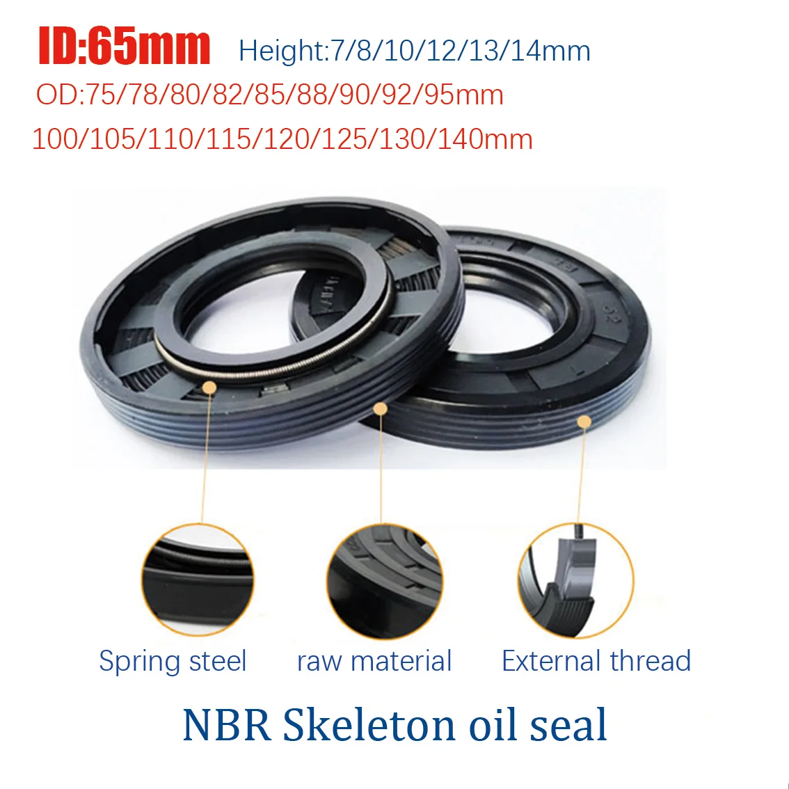 ID 65mm Nitrile Rubber Shaft Oil Seal TC/TG/TG4-65*75/78/80/82/85/88/90-140*7/8/10 /12/13/14mm NBR Double Lip Gasket Seal Ring