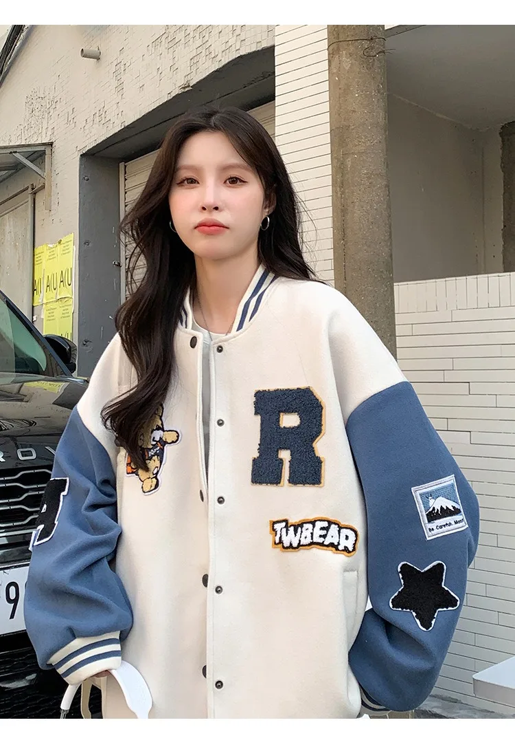 Women Student Loose Letter Printed Hoodies Autumn Padded Baseball Jersey Women American Retro Loose Sweater Women Jacket 2025