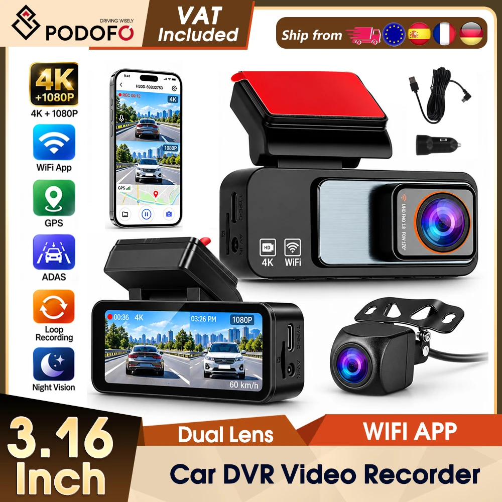 Podofo Dash Cam 3.16'' 4K UHD, Videocamera per Auto, Registratore DVR, Impermeabile IP66, 150 ° Telecamera per auto con obiettivo grandangolare, Wi-Fi integrato, supporto GPS, USB, monitoraggio