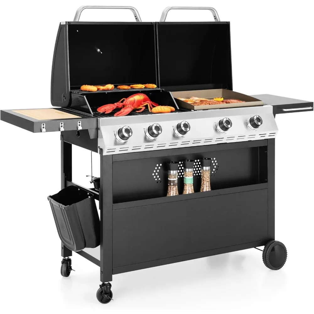 Propane Gas Griddle Grill Combo with Porcelain-Enameled Cast Iron Grate & Cast Iron Pan, Dual BBQ Grill With Flat Top Griddle