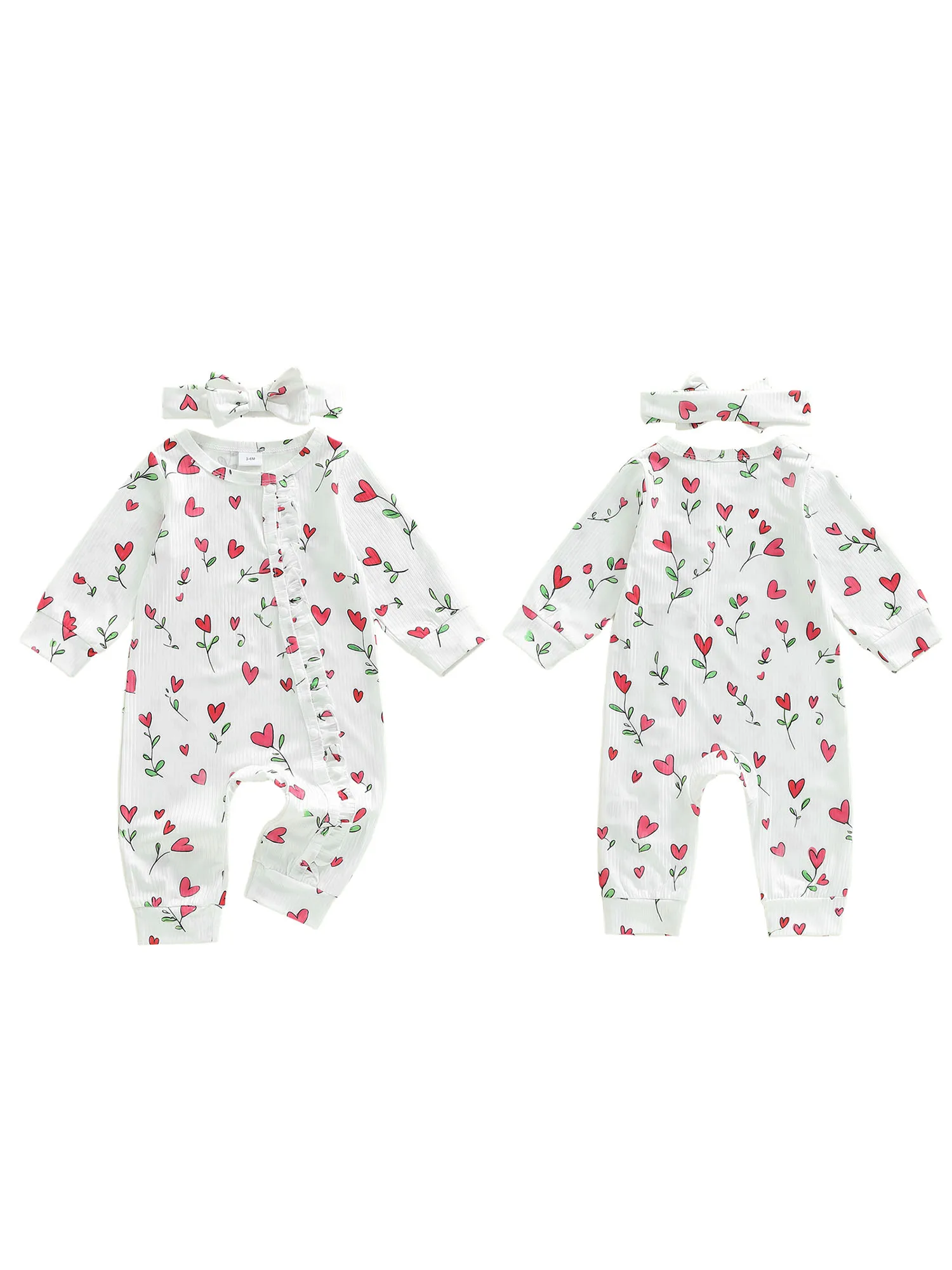 

Infant Girls Autumn Romper Heart Flower Patterned Long Sleeve Round Neck Frilled Suit with Matching Headband Ensemble