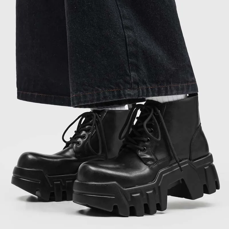 men fashion punk gothic platform boots lace-up natural leather shoes cowboy chunky boot black designer cool ankle botas hombre