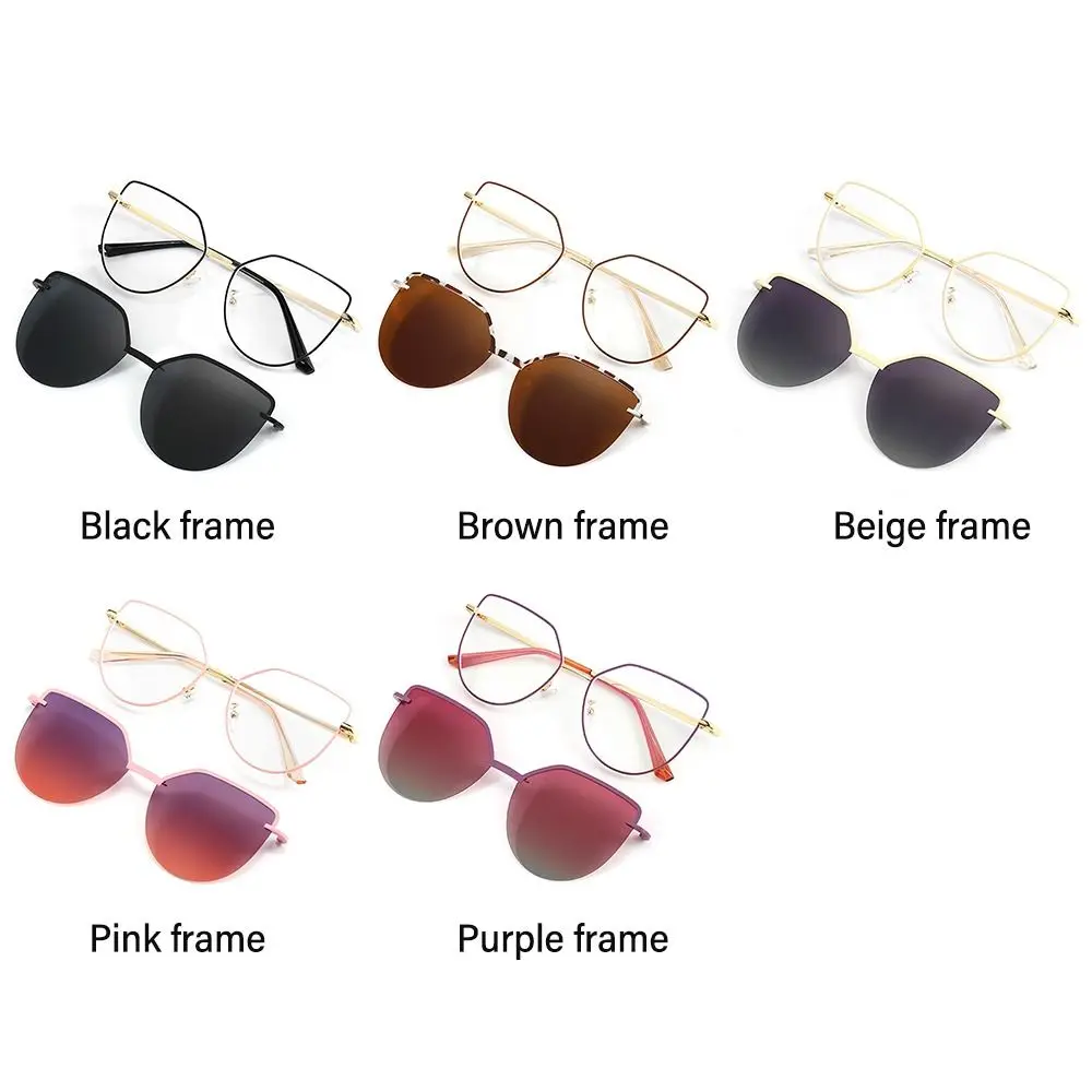 New Fashion 3 In-1 Glasses, Trendy Metal Frame Cat Eye Anti Blue Light Glasses with 1Pc Magnetic Polarized Clip-On Sunglasses