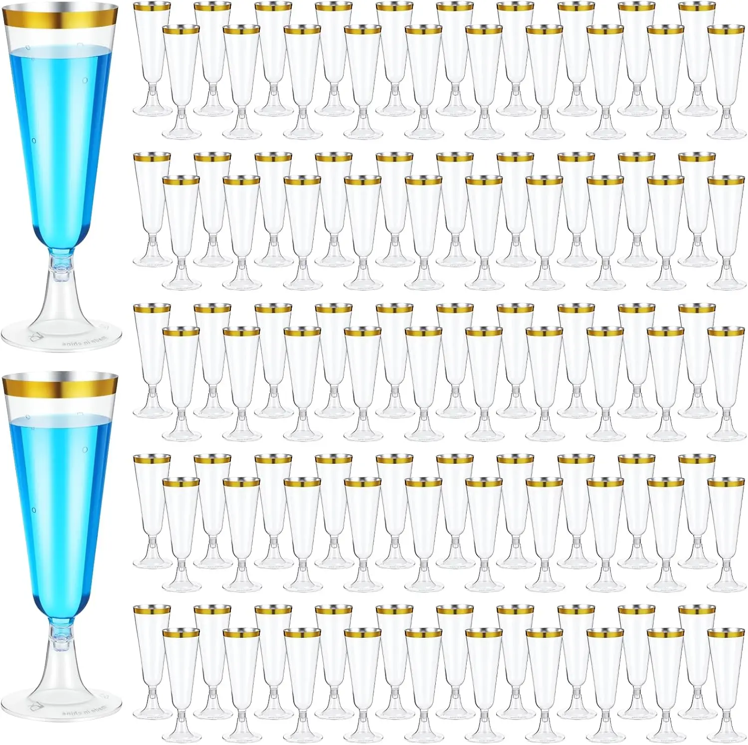

100 Pack Disposable Champagne Flutes, 5.5 Oz Gold-Rim Clear Plastic Toasting Glasses for Wedding, Party, Bridal Shower, Birthday