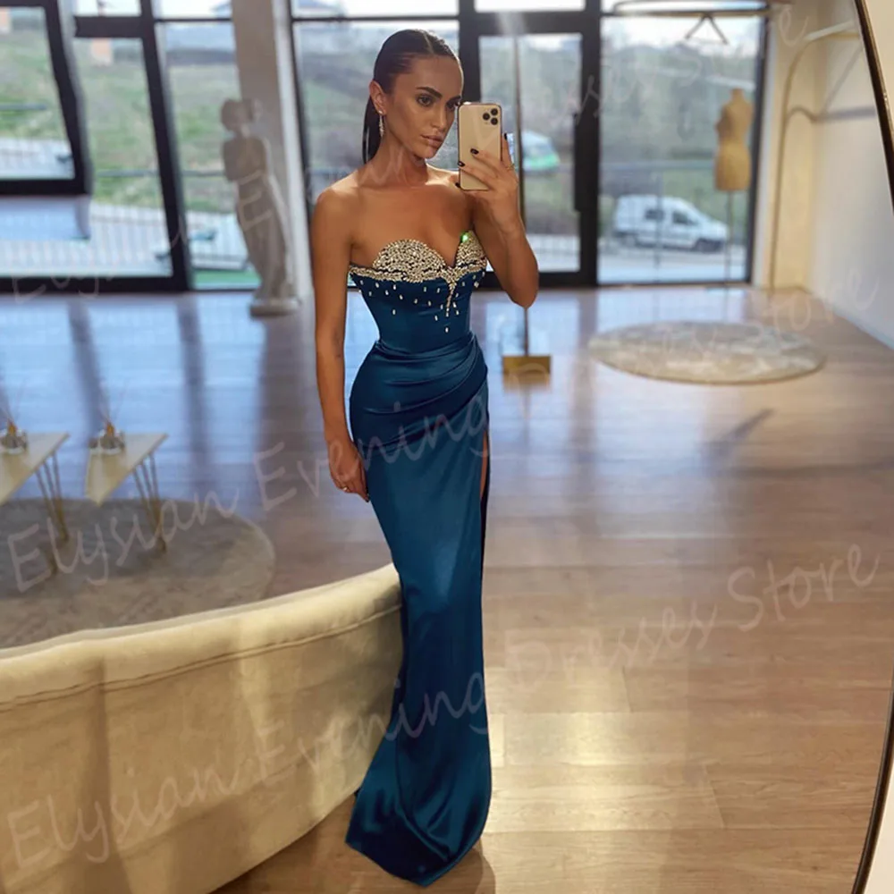 Charming Sexy Women's Mermaid Evening Dresses Strapless Sleeveless Customized Prom Gowns Side Split Beaded Pleated فساتين سهرات