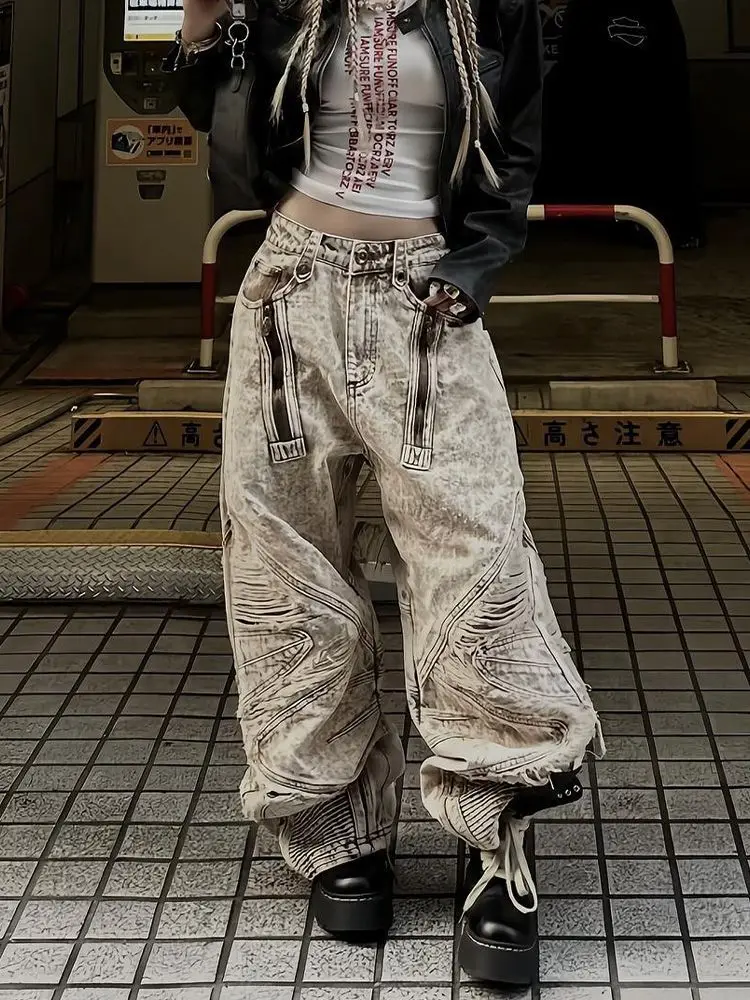 

Женские потертые джинсы цвета хаки в американском стиле High Street Y2K, уличная одежда в стиле ретро, свободные потертые джинсы в стиле Харадзюку, повседневные широкие джинсы с высокой талией
