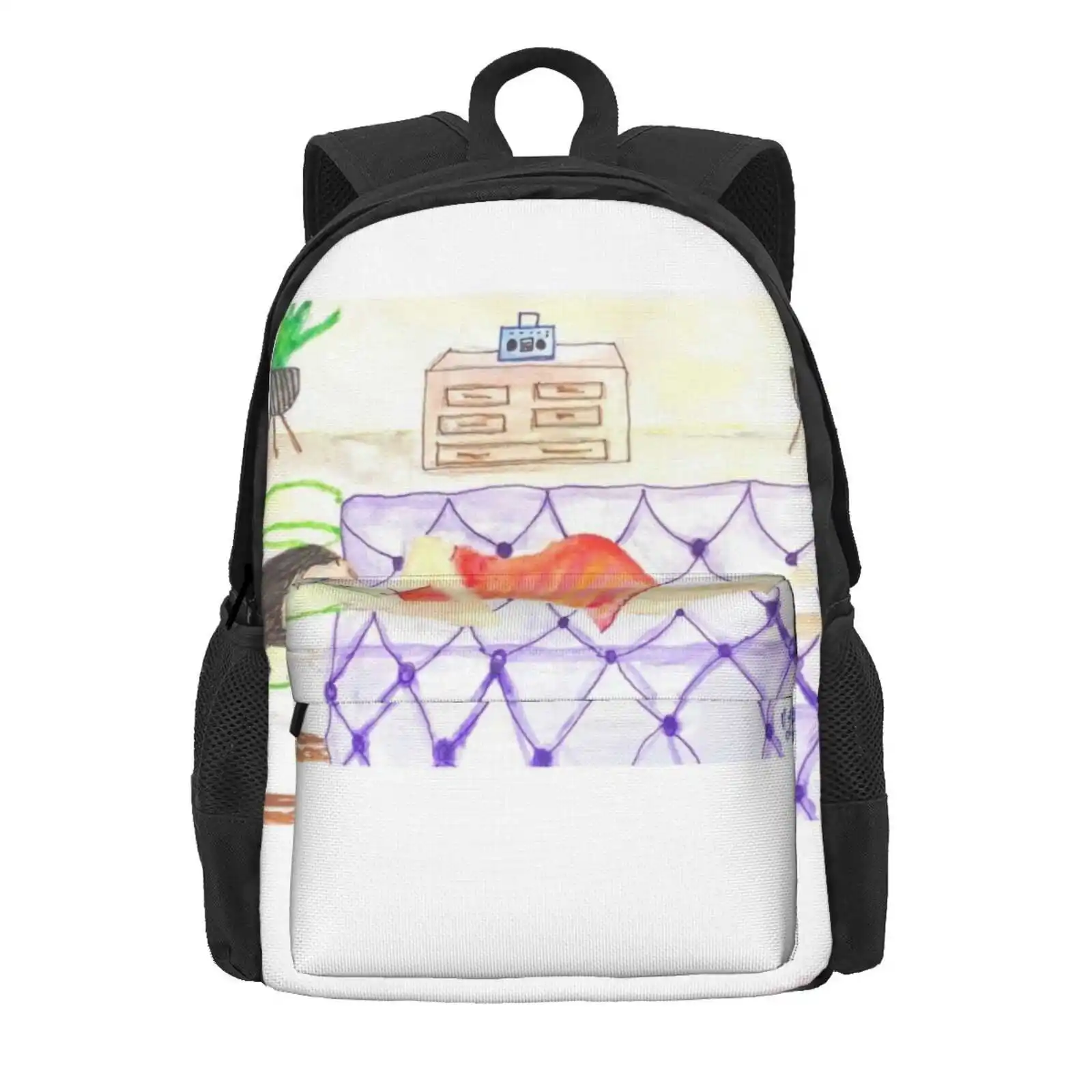 Sleeping Woman Watercolor Painting Hot Sale Schoolbag Backpack Fashion Bags Watercolor Hand Drawn Purple Blue Green Orange Pink