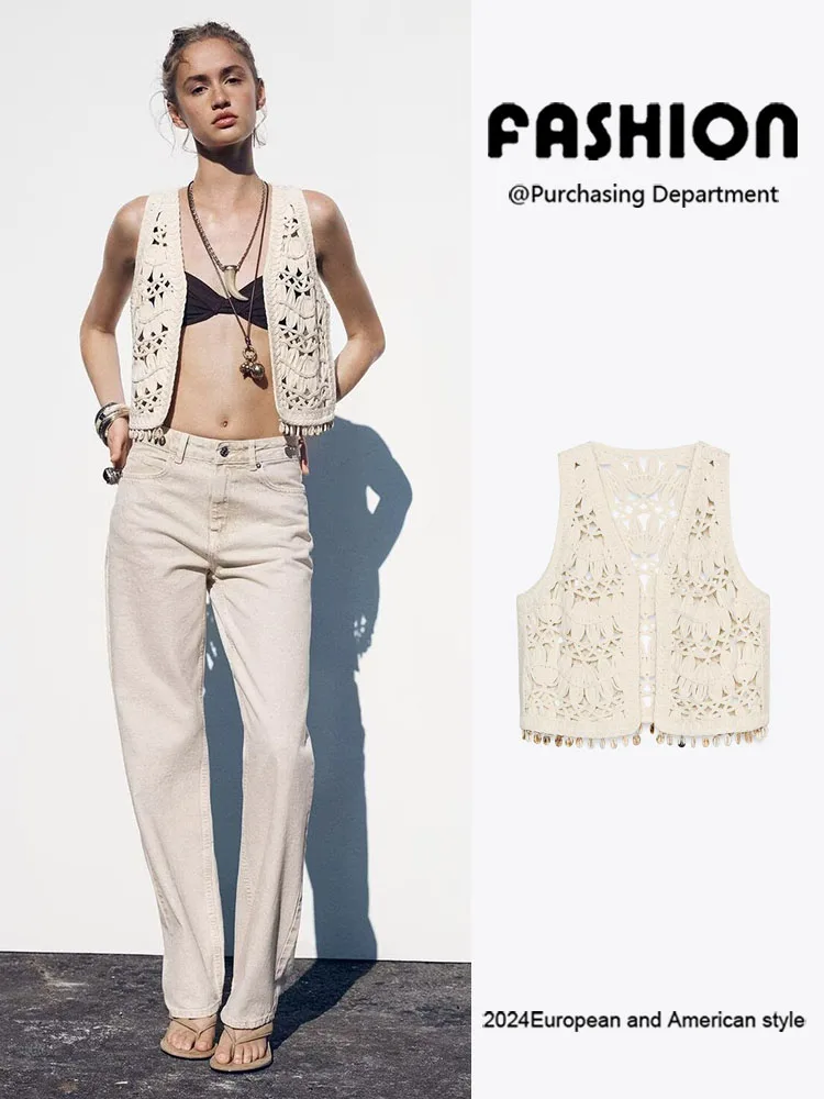 

Faionable ell Decorated Svel Knitted Vest ZA2025 Summer New Arrival Women's Clothing Versatile Hollow out Knitwear